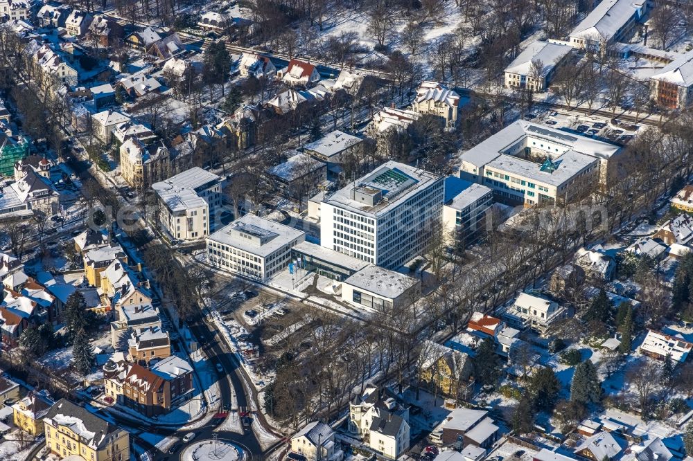 Unna from above - Wintry snowy office building of Kreisverwaltung Unna on Friedrich-Ebert-Strasse in Unna in the state North Rhine-Westphalia, Germany