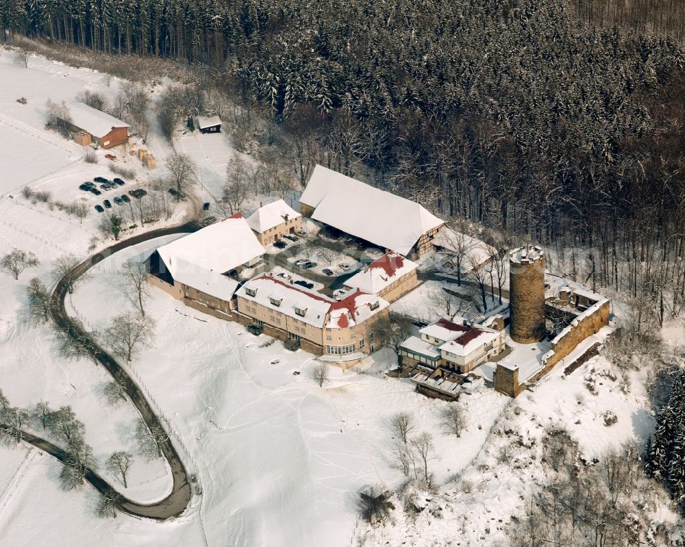 Salach from above - Wintry snowy castle of the fortress Burg Staufeneck in the district Staufeneck in Salach in the state Baden-Wuerttemberg, Germany