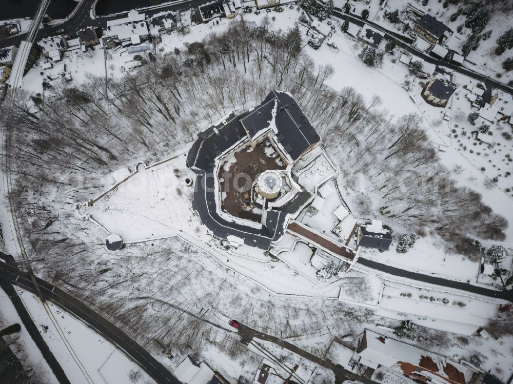 Drebach from above - Wintry snowy scharfenstein Castle in Scharfenstein in the state of Saxony, Germany