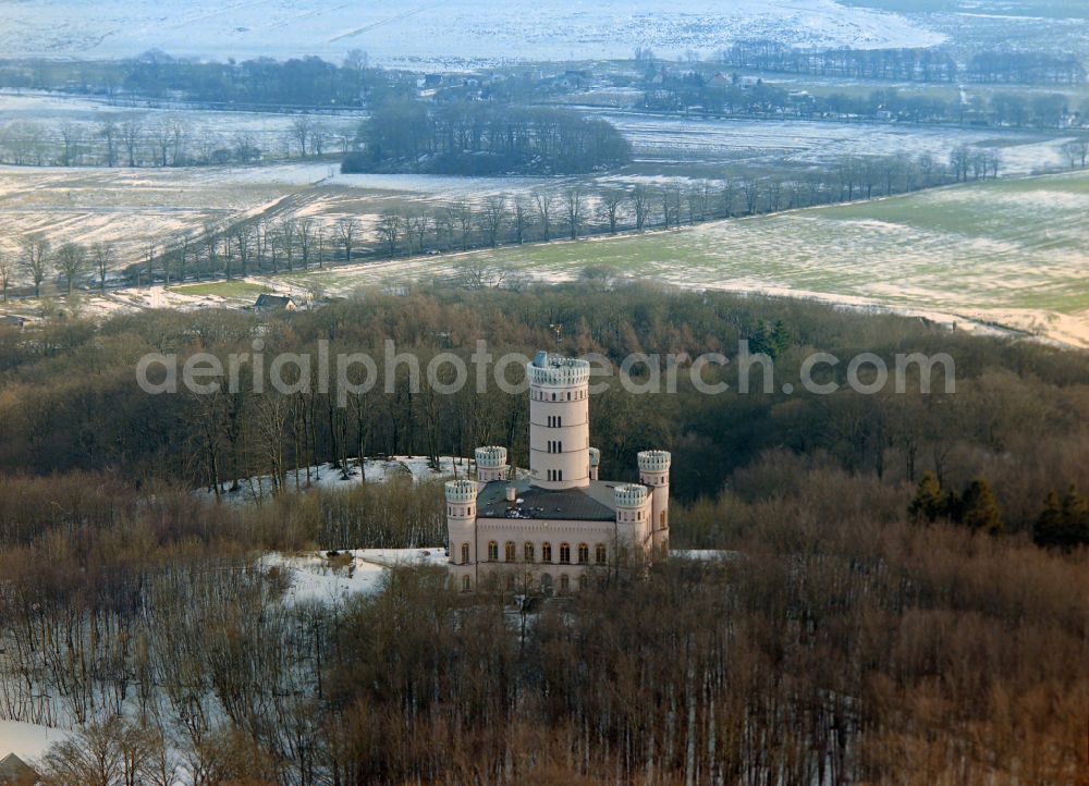 Aerial image Binz - Wintry snowy castle of Jagdschloss Granitz in Binz island Ruegen in the state Mecklenburg - Western Pomerania, Germany