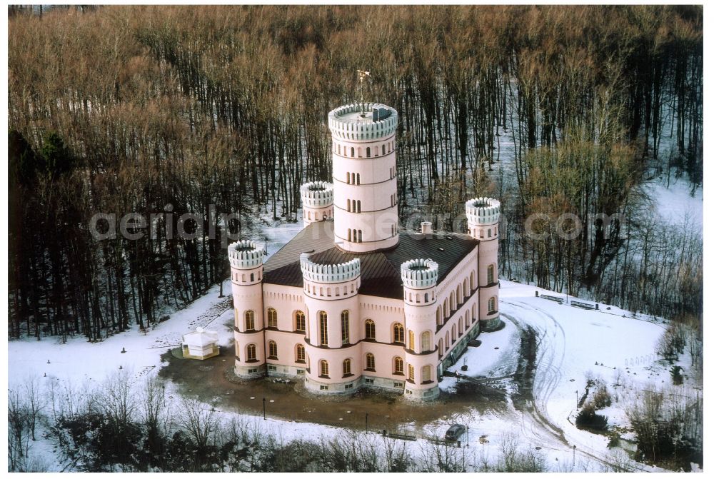 Binz from above - Wintry snowy castle of Jagdschloss Granitz in Binz island Ruegen in the state Mecklenburg - Western Pomerania, Germany