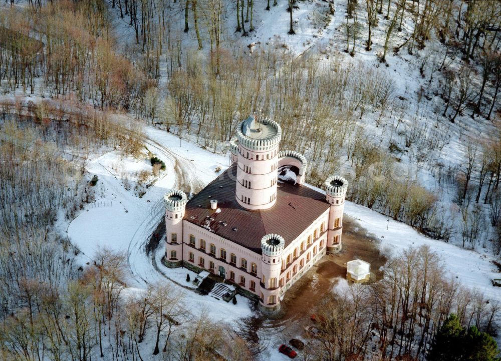 Binz from the bird's eye view: Wintry snowy castle of Jagdschloss Granitz in Binz island Ruegen in the state Mecklenburg - Western Pomerania, Germany