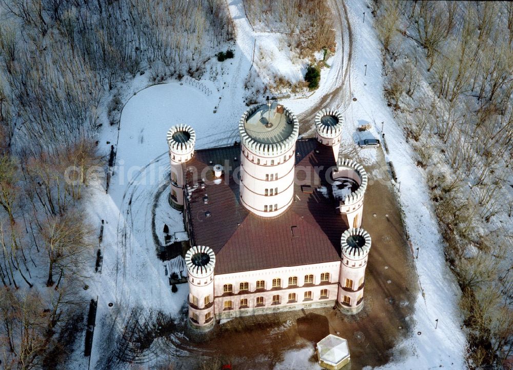 Binz from above - Wintry snowy castle of Jagdschloss Granitz in Binz island Ruegen in the state Mecklenburg - Western Pomerania, Germany