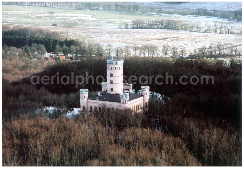 Binz from above - Wintry snowy castle of Jagdschloss Granitz in Binz island Ruegen in the state Mecklenburg - Western Pomerania, Germany