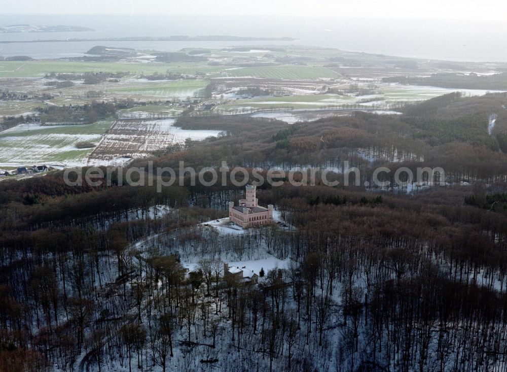 Binz from the bird's eye view: Wintry snowy castle of Jagdschloss Granitz in Binz island Ruegen in the state Mecklenburg - Western Pomerania, Germany