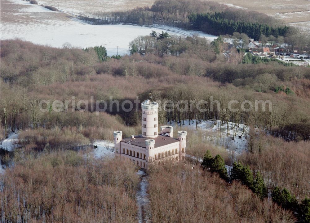 Aerial image Binz - Wintry snowy castle of Jagdschloss Granitz in Binz island Ruegen in the state Mecklenburg - Western Pomerania, Germany