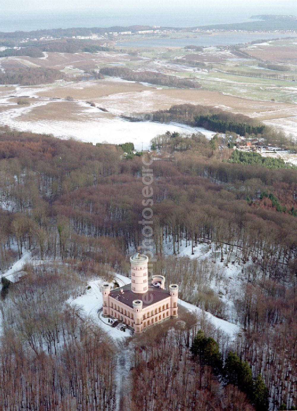 Binz from above - Wintry snowy castle of Jagdschloss Granitz in Binz island Ruegen in the state Mecklenburg - Western Pomerania, Germany