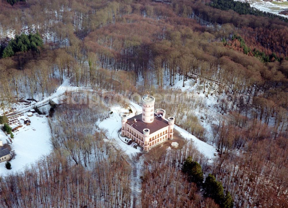 Binz from the bird's eye view: Wintry snowy castle of Jagdschloss Granitz in Binz island Ruegen in the state Mecklenburg - Western Pomerania, Germany