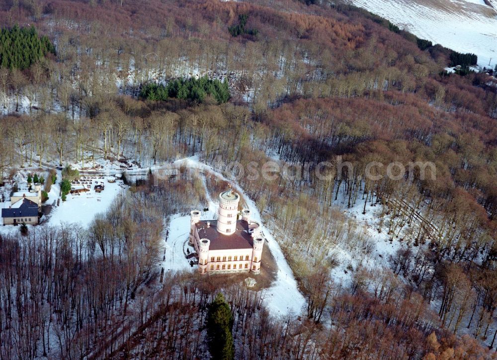 Aerial image Binz - Wintry snowy castle of Jagdschloss Granitz in Binz island Ruegen in the state Mecklenburg - Western Pomerania, Germany