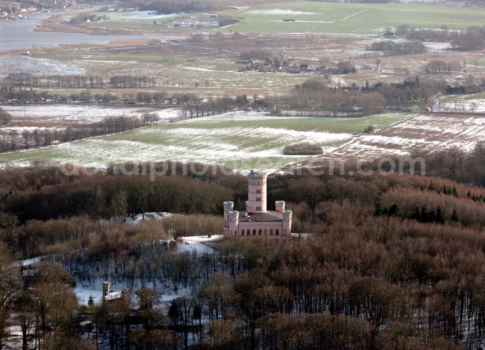 Binz from above - Wintry snowy castle of Jagdschloss Granitz in Binz island Ruegen in the state Mecklenburg - Western Pomerania, Germany