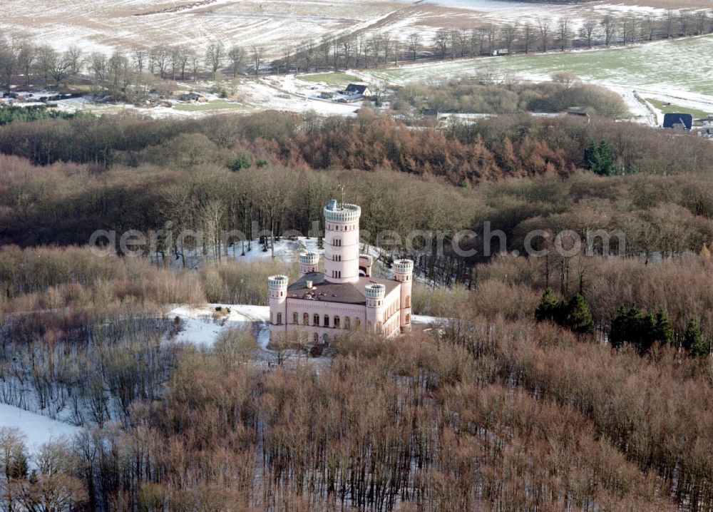 Binz from the bird's eye view: Wintry snowy castle of Jagdschloss Granitz in Binz island Ruegen in the state Mecklenburg - Western Pomerania, Germany