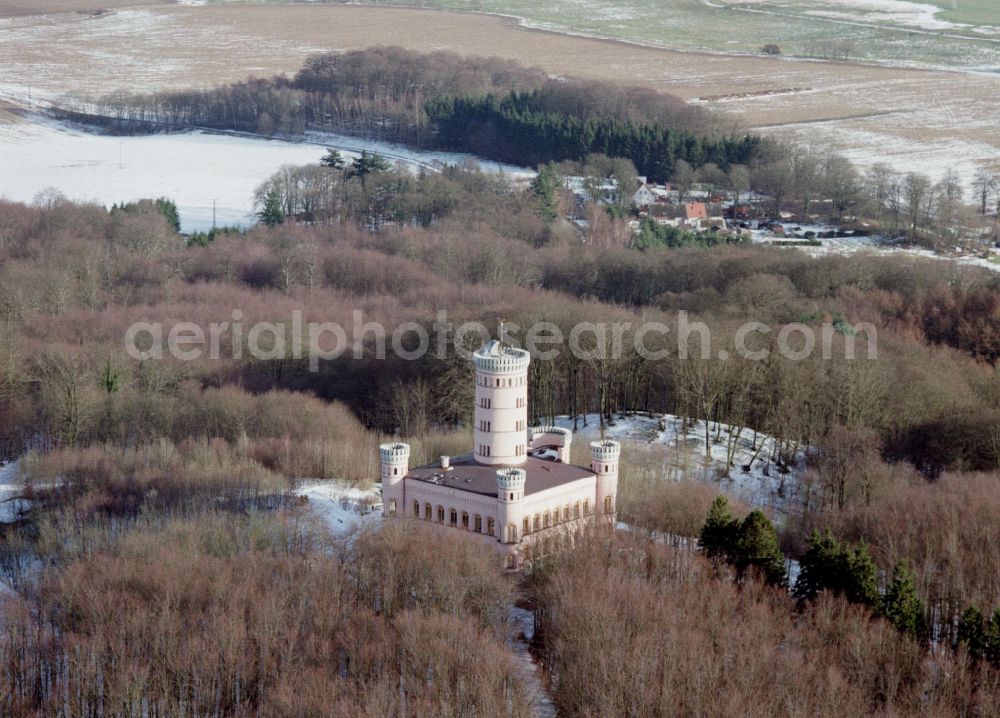 Aerial image Binz - Wintry snowy castle of Jagdschloss Granitz in Binz island Ruegen in the state Mecklenburg - Western Pomerania, Germany