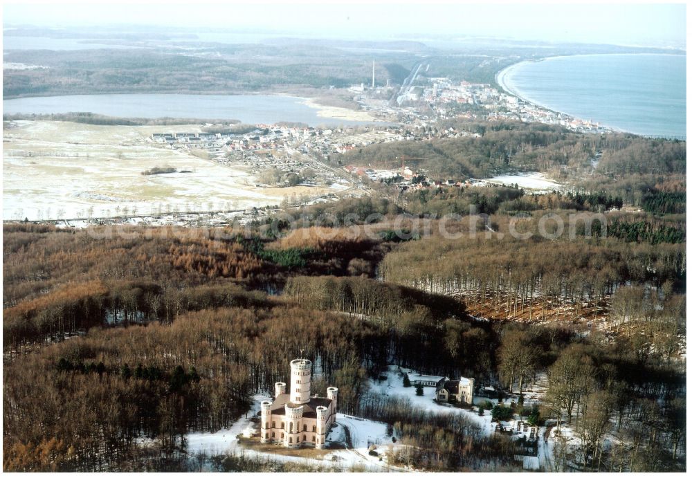 Binz from above - Wintry snowy castle of Jagdschloss Granitz in Binz island Ruegen in the state Mecklenburg - Western Pomerania, Germany