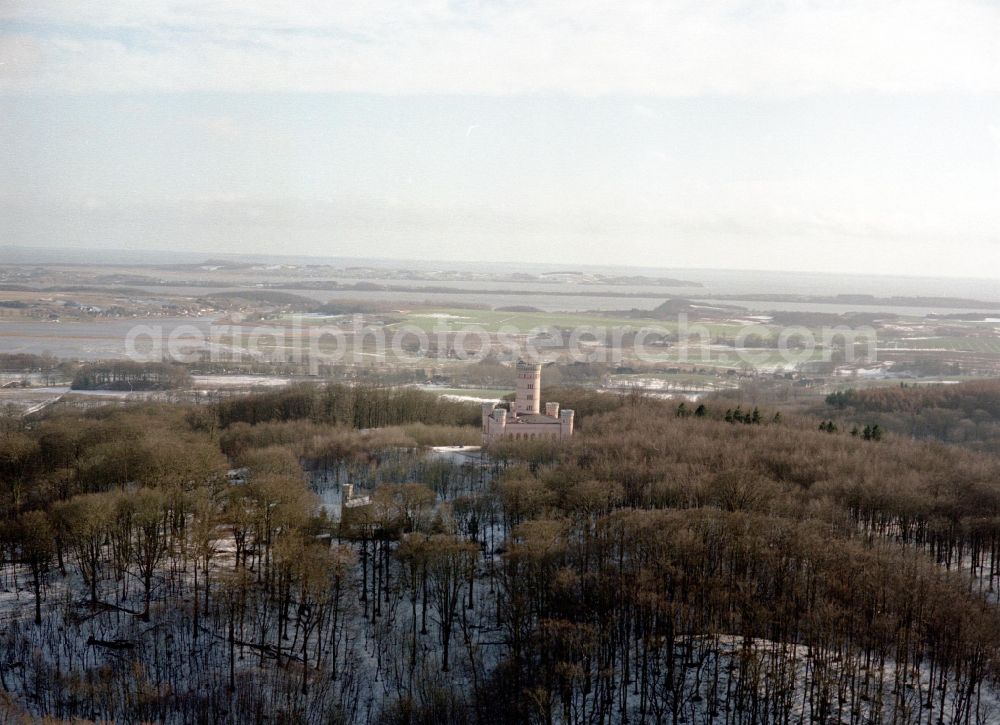 Binz from the bird's eye view: Wintry snowy castle of Jagdschloss Granitz in Binz island Ruegen in the state Mecklenburg - Western Pomerania, Germany