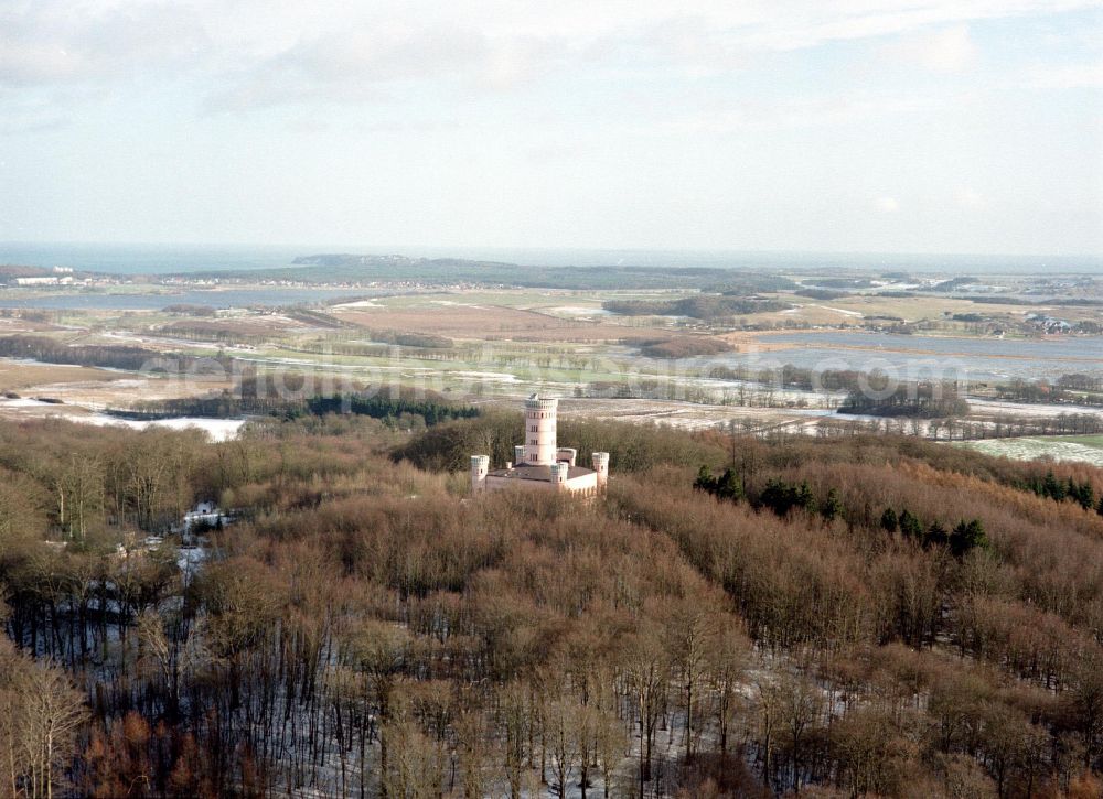 Aerial image Binz - Wintry snowy castle of Jagdschloss Granitz in Binz island Ruegen in the state Mecklenburg - Western Pomerania, Germany