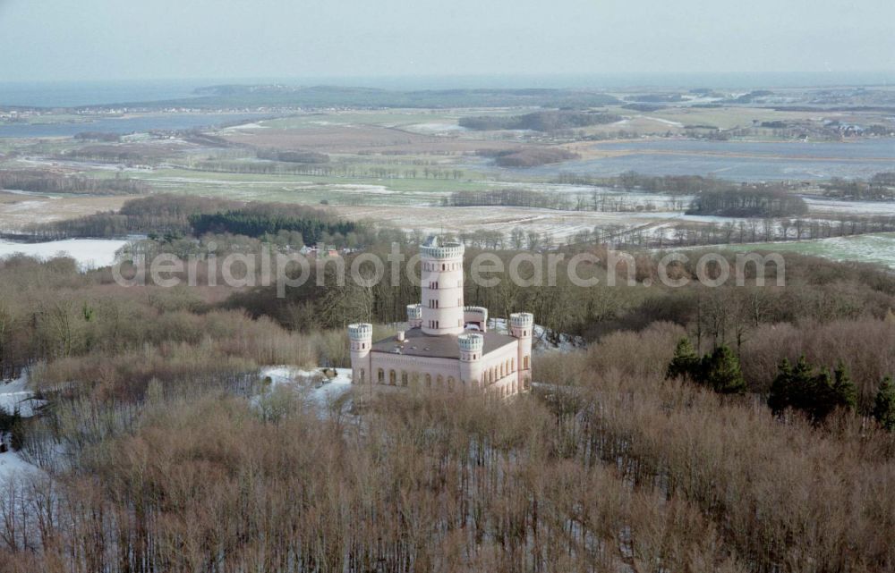 Aerial image Binz - Wintry snowy castle of Jagdschloss Granitz in Binz island Ruegen in the state Mecklenburg - Western Pomerania, Germany