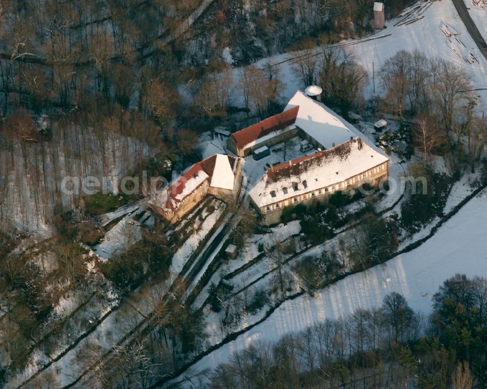 Maisenhälden from the bird's eye view: Wintry snowy castle of Schloss Domeneck in Maisenhaelden in the state Baden-Wuerttemberg, Germany