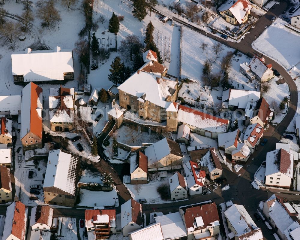 Aerial image Fürfeld - Wintry snowy castle of Schloss Fuerfeld in Fuerfeld in the state Baden-Wuerttemberg, Germany