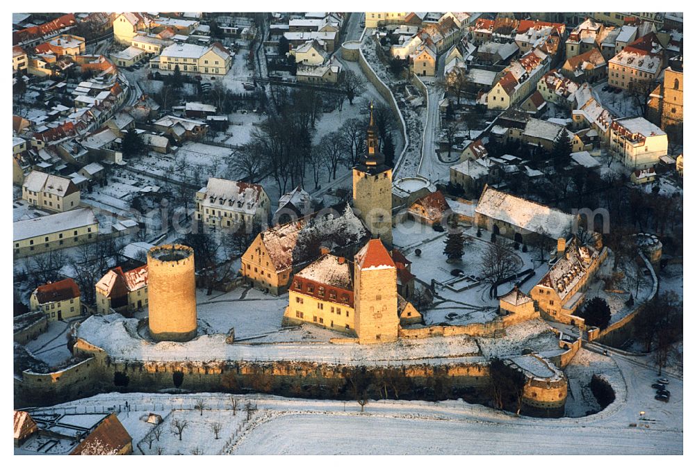 Querfurt from above - Wintry snowy castle of the fortress Querfurt Strasse Strasse of Romanik in Querfurt in the state Saxony-Anhalt, Germany