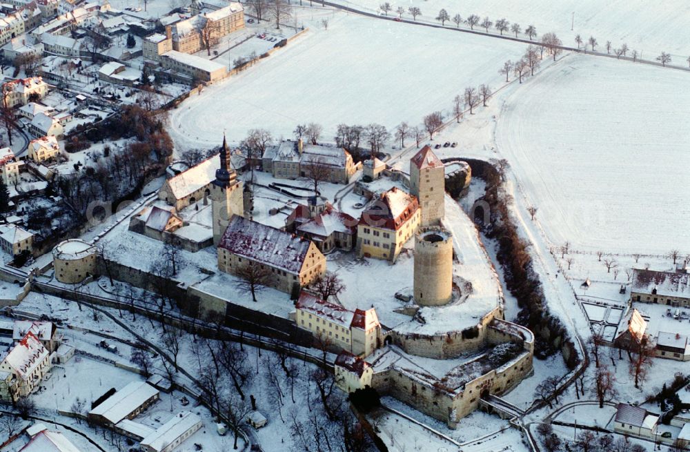 Querfurt from above - Wintry snowy castle of the fortress Querfurt Strasse Strasse of Romanik in Querfurt in the state Saxony-Anhalt, Germany