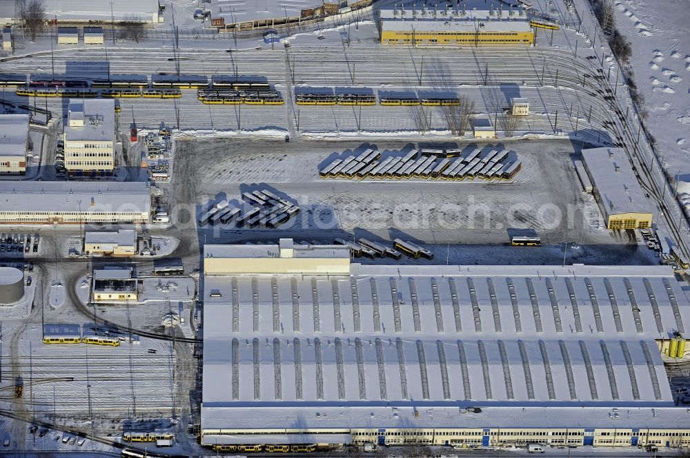 Aerial photograph Berlin - Wintry snowy bVG bus and train station in the district Lichtenberg in Berlin