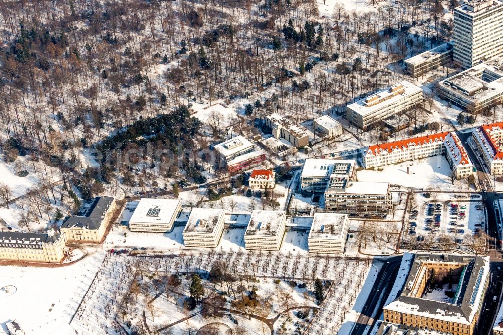 Aerial photograph Karlsruhe - Wintry snowy Campus building of the University of Applied Sciences KIT Campus South(Karlsruhe Institute of Technology) in Karlsruhe in the state Baden-Wuerttemberg, Germany