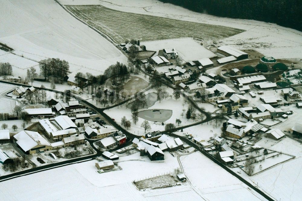 Fohrenreuth from the bird's eye view: Wintry snowy Village view in Fohrenreuth in the state Bavaria, Germany