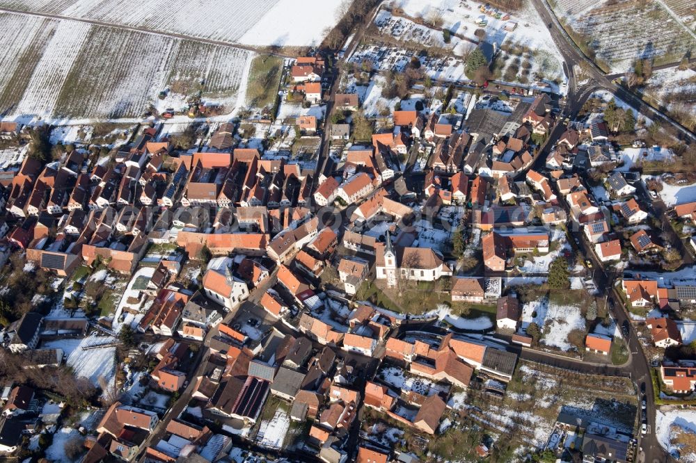 Aerial photograph Göcklingen - Wintry snowy Village view in Goecklingen in the state Rhineland-Palatinate, Germany