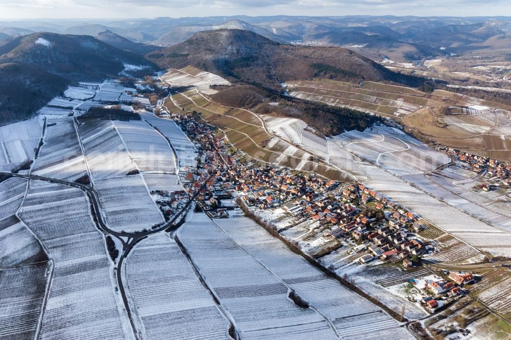 Aerial image Ranschbach - Wintry snowy Village - view on the edge of snowed wine yards in Ranschbach in the state Rhineland-Palatinate, Germany