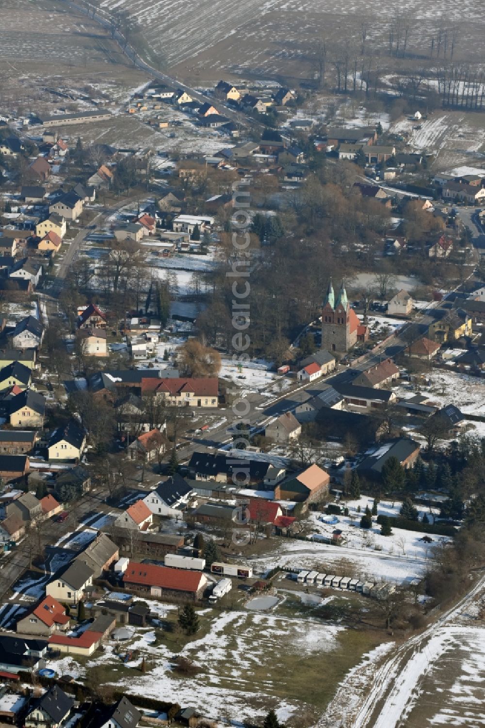 Aerial image Willmersdorf - Wintry snowy Village view in Willmersdorf in the state Brandenburg