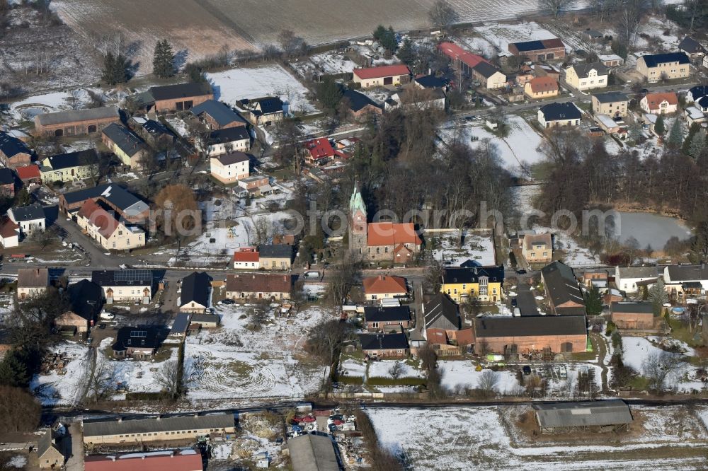 Willmersdorf from above - Wintry snowy Village view in Willmersdorf in the state Brandenburg