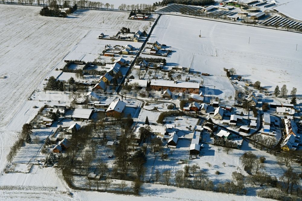 Aerial image Thalberg - Wintry snowy agricultural land and field boundaries surround the settlement area of the village in Thalberg in the state Mecklenburg - Western Pomerania, Germany