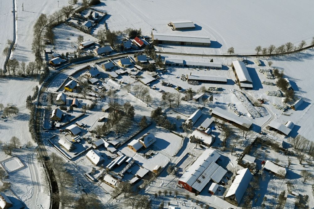 Aerial photograph Vorbein - Wintry snowy agricultural land and field boundaries surround the settlement area of the village in Vorbein in the state Mecklenburg - Western Pomerania, Germany