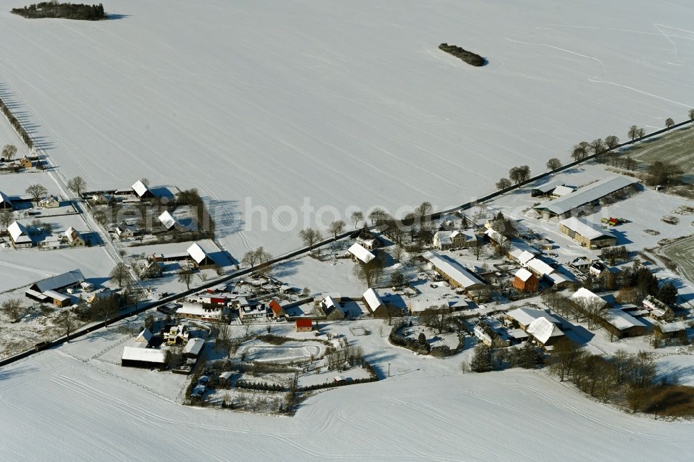 Aerial image Wüstenfelde - Wintry snowy agricultural land and field boundaries surround the settlement area of the village in Wuestenfelde in the state Mecklenburg - Western Pomerania, Germany