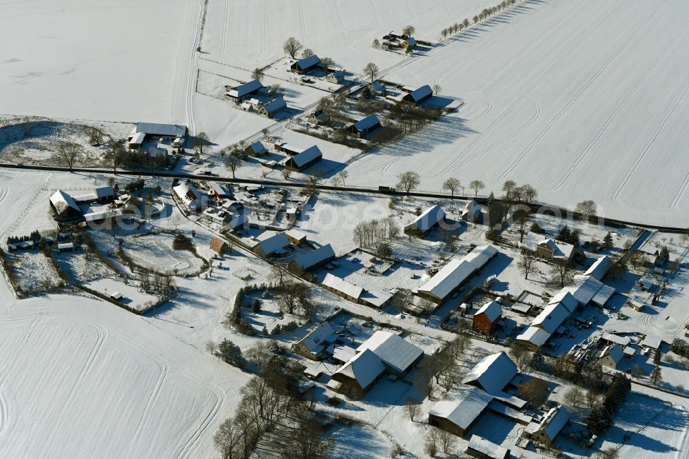 Wüstenfelde from above - Wintry snowy agricultural land and field boundaries surround the settlement area of the village in Wuestenfelde in the state Mecklenburg - Western Pomerania, Germany