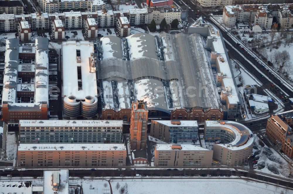 Berlin from above - Wintry snowy building of the shopping center Hallen on Borsigturm in the district Tegel in Berlin, Germany