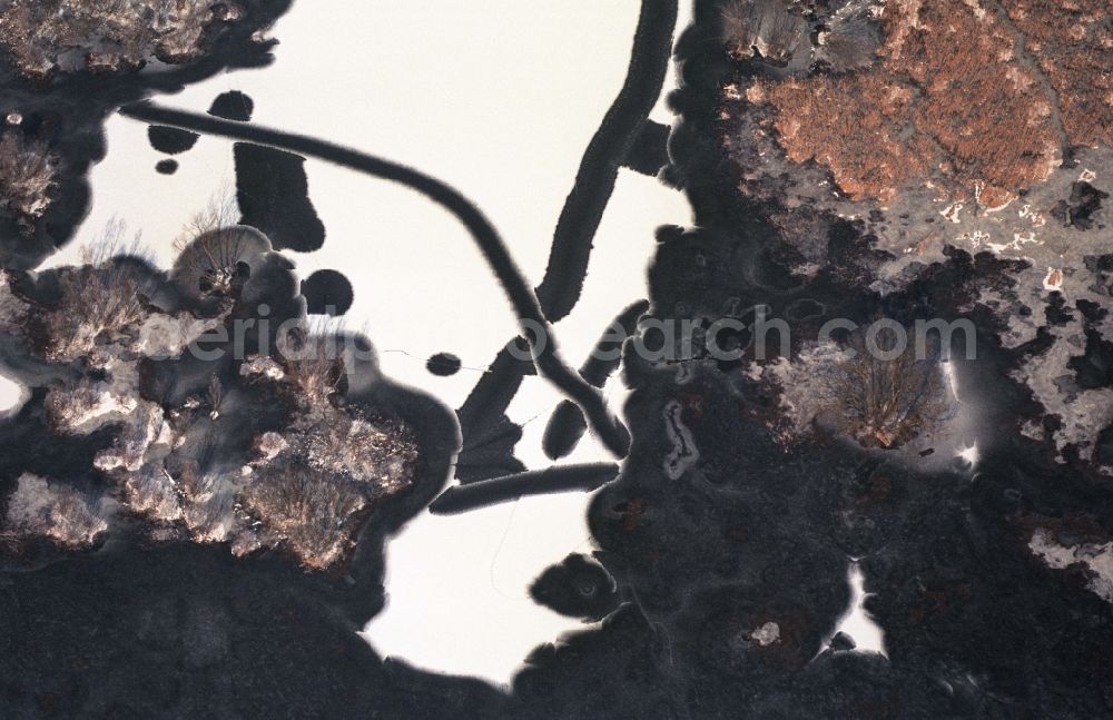 Aerial photograph Buckow (Märkische Schweiz) - Wintry snowy ice surface cracks and tracks for fish farming Buckowsee in Buckow (Maerkische Schweiz) in the state Brandenburg, Germany