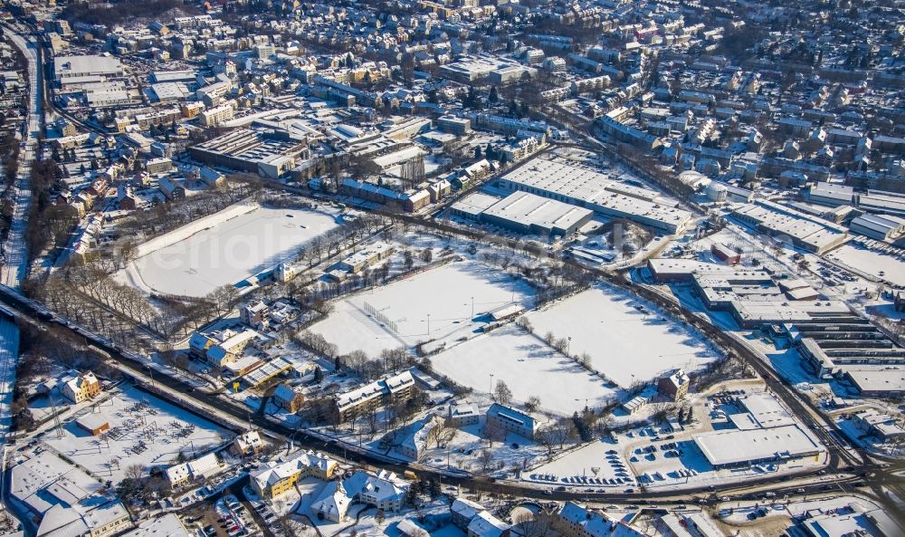 Witten from above - Wintry snowy ensemble of sports grounds of VfB Annen 19 e.V. on Westfalenstrasse in Witten at Ruhrgebiet in the state North Rhine-Westphalia, Germany