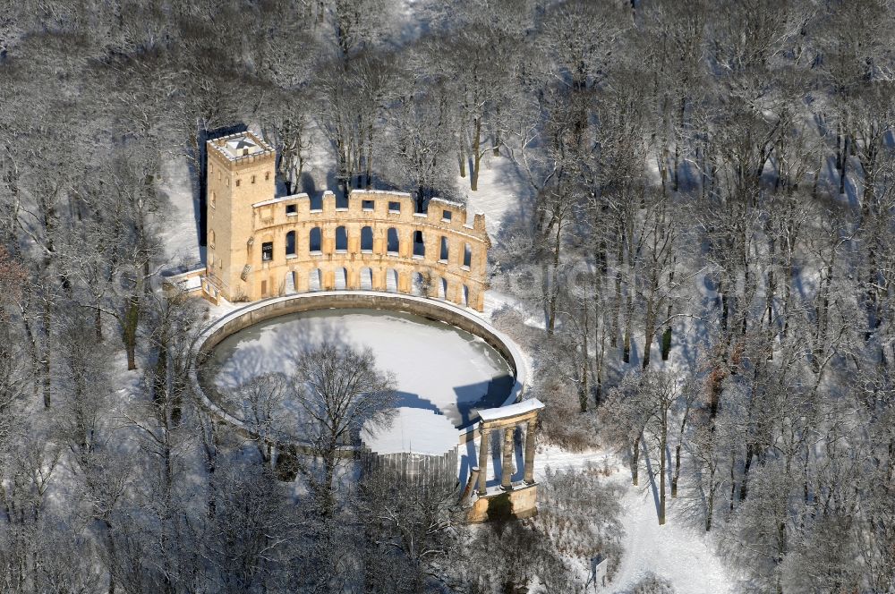 Potsdam from above - Wintry snowy facade of the monument Ruinenberg in the district Jaegervorstadt in Potsdam in the state of Brandenburg, Germany