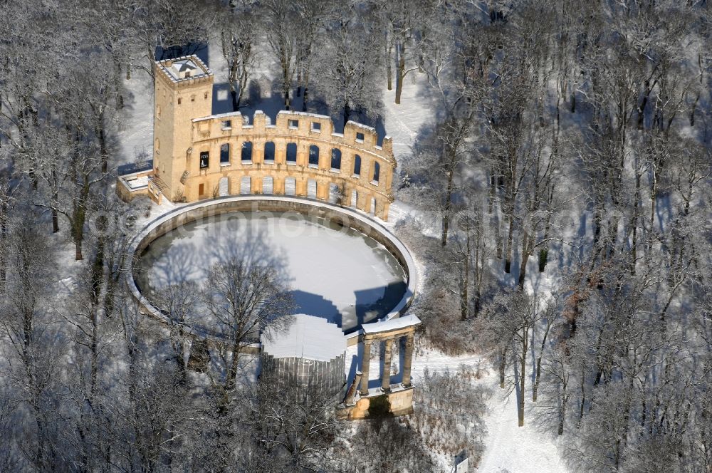 Potsdam from the bird's eye view: Wintry snowy facade of the monument Ruinenberg in the district Jaegervorstadt in Potsdam in the state of Brandenburg, Germany