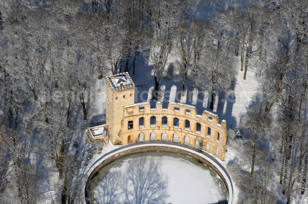 Potsdam from above - Wintry snowy facade of the monument Ruinenberg in the district Jaegervorstadt in Potsdam in the state of Brandenburg, Germany