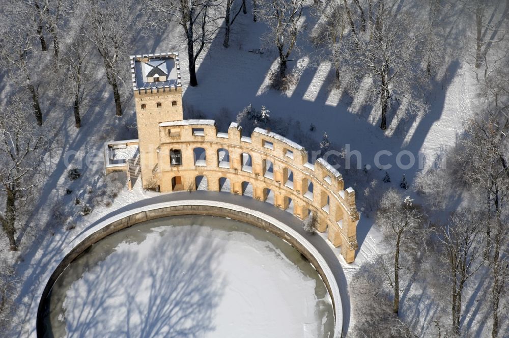 Potsdam from the bird's eye view: Wintry snowy facade of the monument Ruinenberg in the district Jaegervorstadt in Potsdam in the state of Brandenburg, Germany