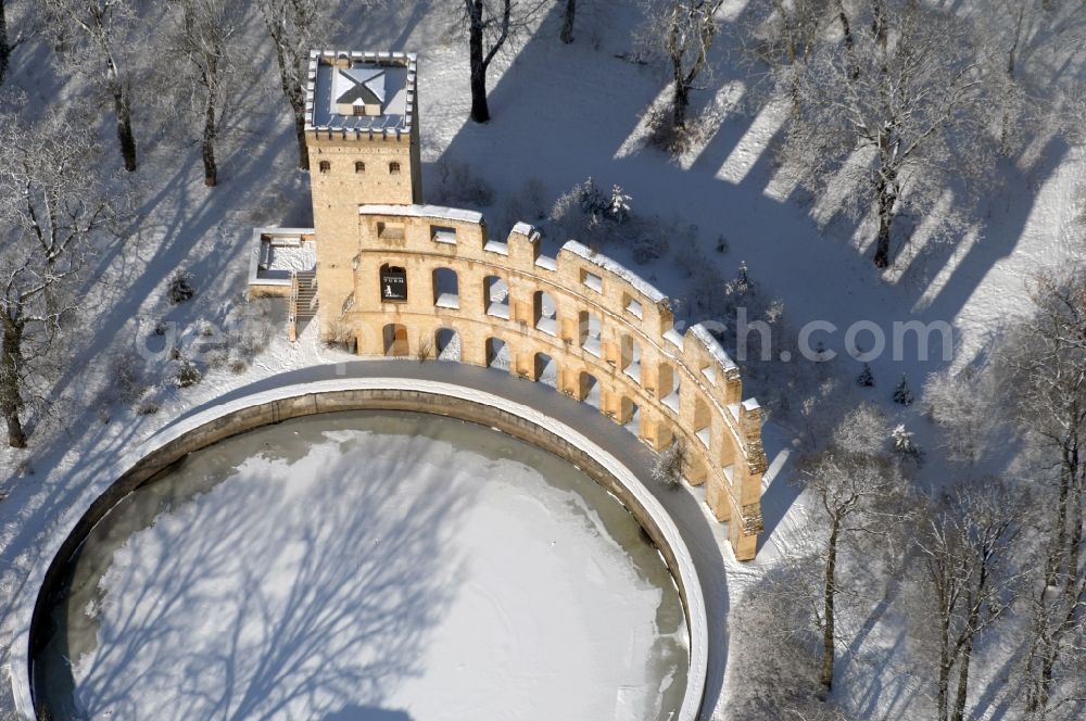 Aerial image Potsdam - Wintry snowy facade of the monument Ruinenberg in the district Jaegervorstadt in Potsdam in the state of Brandenburg, Germany