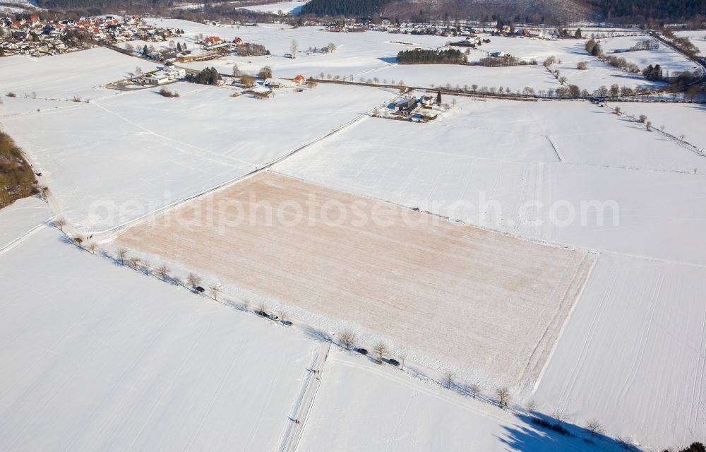 Rüthen from above - Wintry snowy Field landscape in Ruethen in the state North Rhine-Westphalia