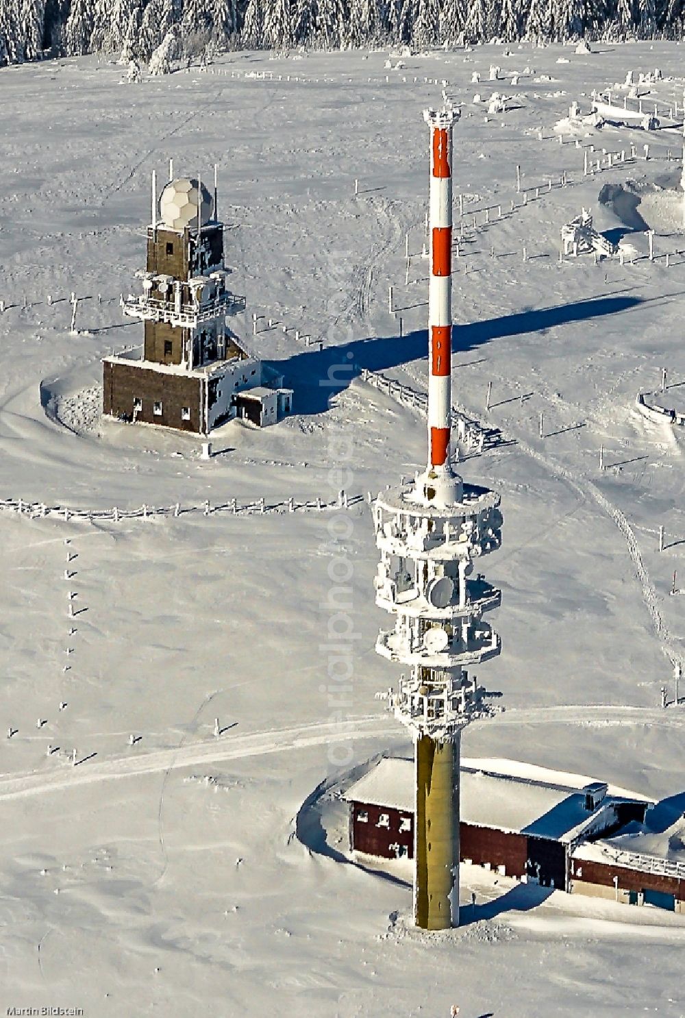 Aerial image Feldberg (Schwarzwald) - Wintry snowy radio tower at Feldberg (Schwarzwald) in the state Baden-Wurttemberg, Germany