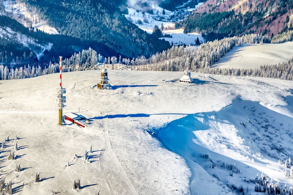 Aerial photograph Feldberg (Schwarzwald) - Wintry snowy radio tower at Feldberg (Schwarzwald) in the state Baden-Wurttemberg, Germany