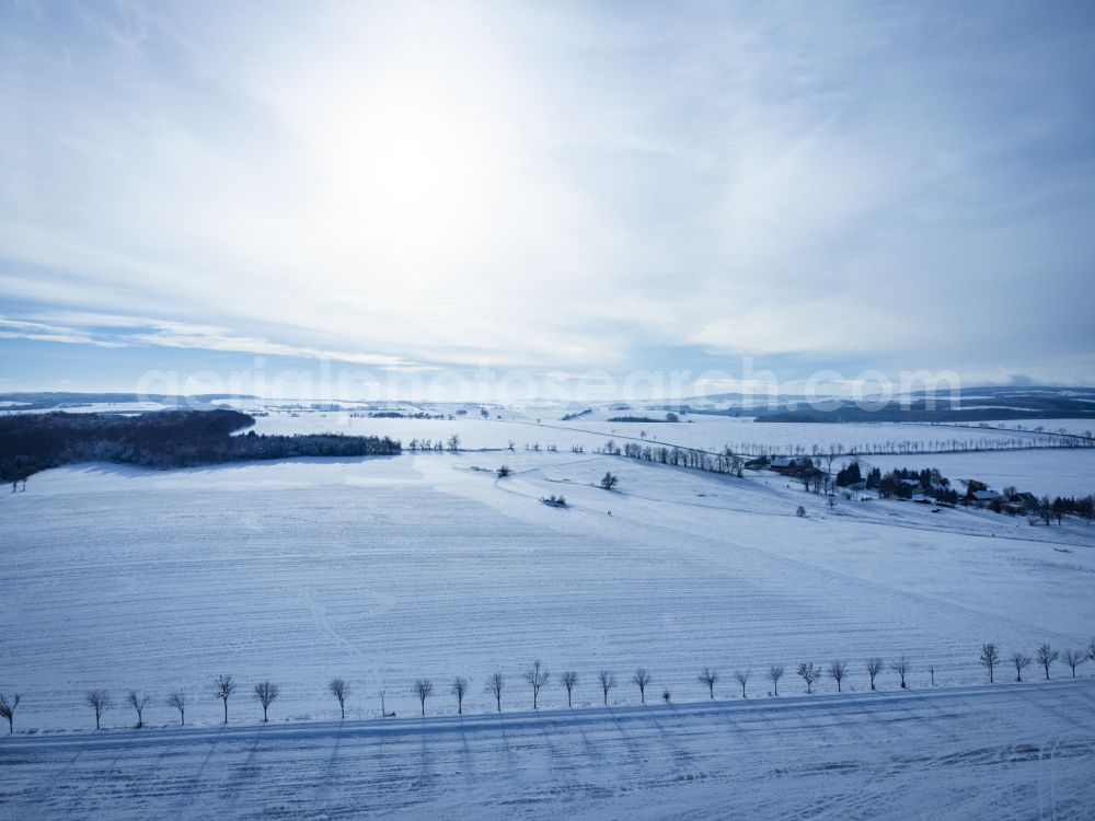 Altenberg from above - Winter snow-covered fields with row of trees near Liebenau in Altenberg in the state of Saxony, Germany