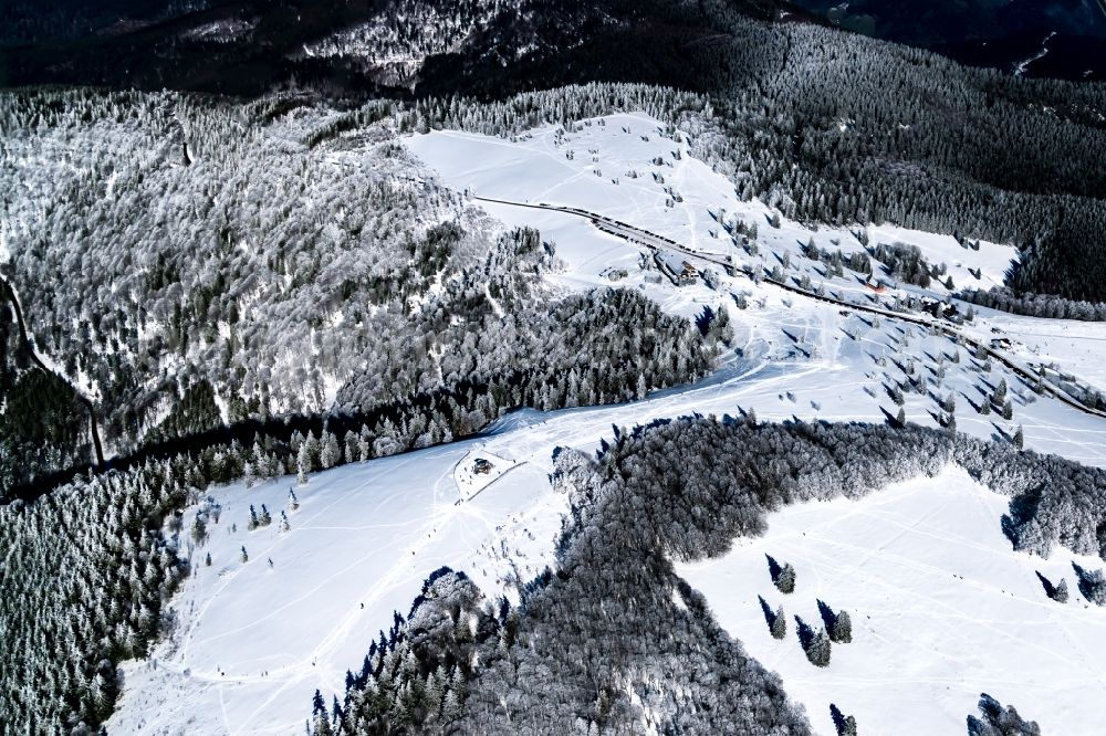 Waldkirch from above - Wintry snowy Rock and mountain landscape Des Kandel Schwarzwald in Waldkirch in the state Baden-Wuerttemberg, Germany