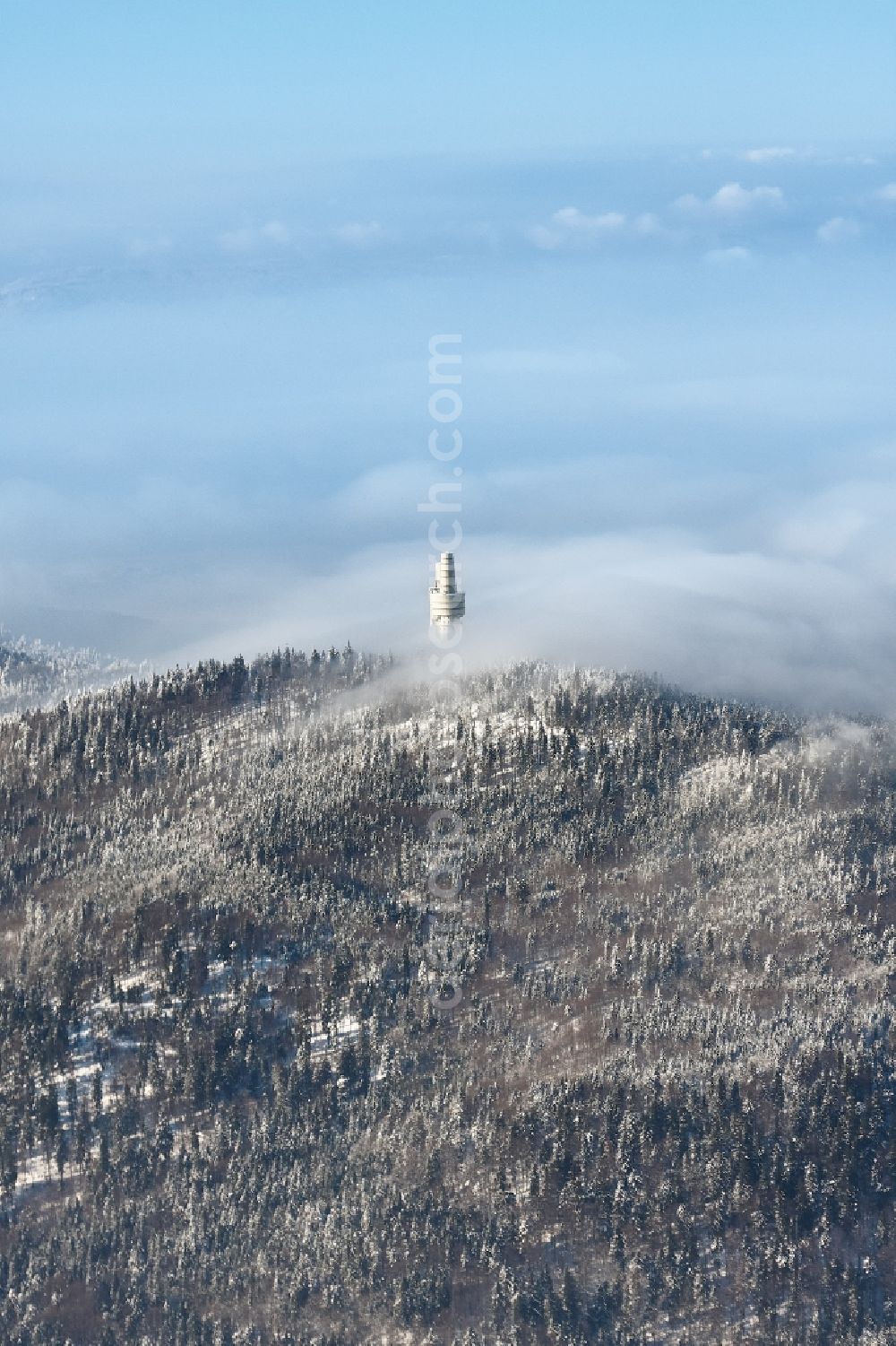 Aerial image Rimbach - Snow-capped, the telecommunications towers tower on the Hohe Bogen in Rimbach in the state of Bavaria, Germany. The former NATO interception system Fernmeldesektor F is today a publicly accessible observation tower in the Bavarian Forest