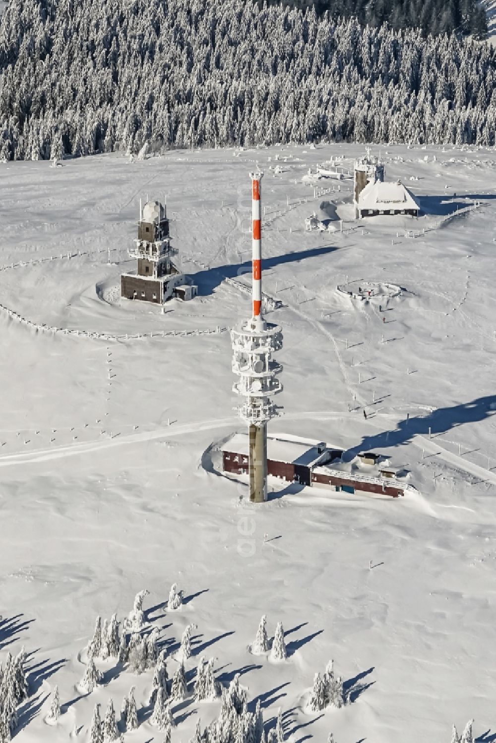 Aerial image Feldberg (Schwarzwald) - Wintry snowy television Tower in Feldberg (Schwarzwald) in the state Baden-Wurttemberg, Germany